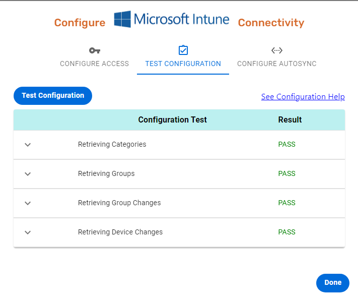 Microsoft Intune test configuration page